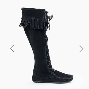Minnetonka knee high lace up fringe boots